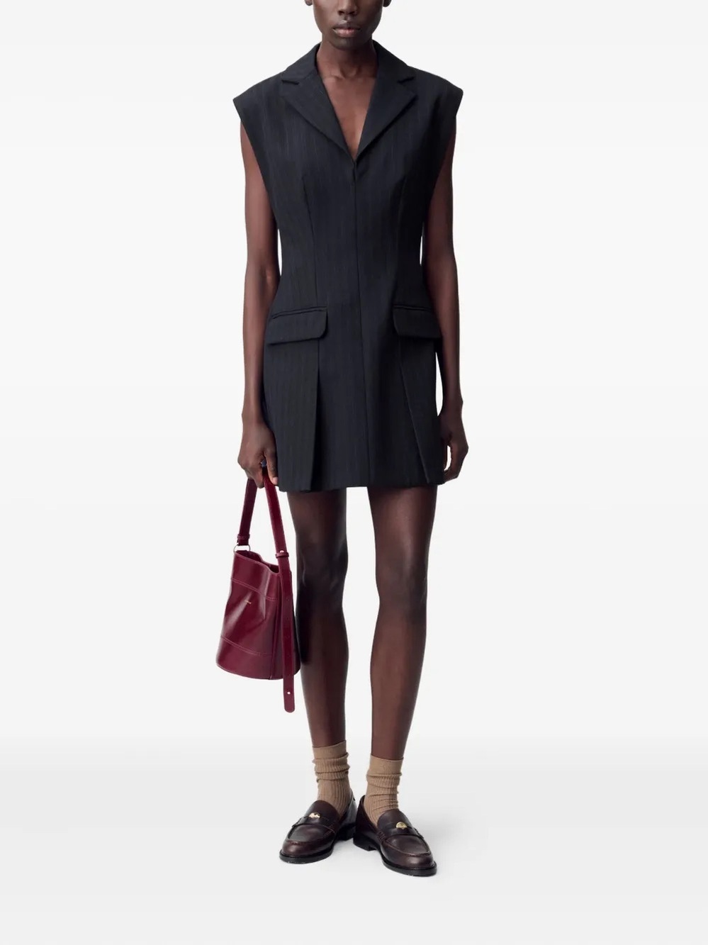 Claudie Pierlot pinstripe pleated sleeveless dress 36 navy blue